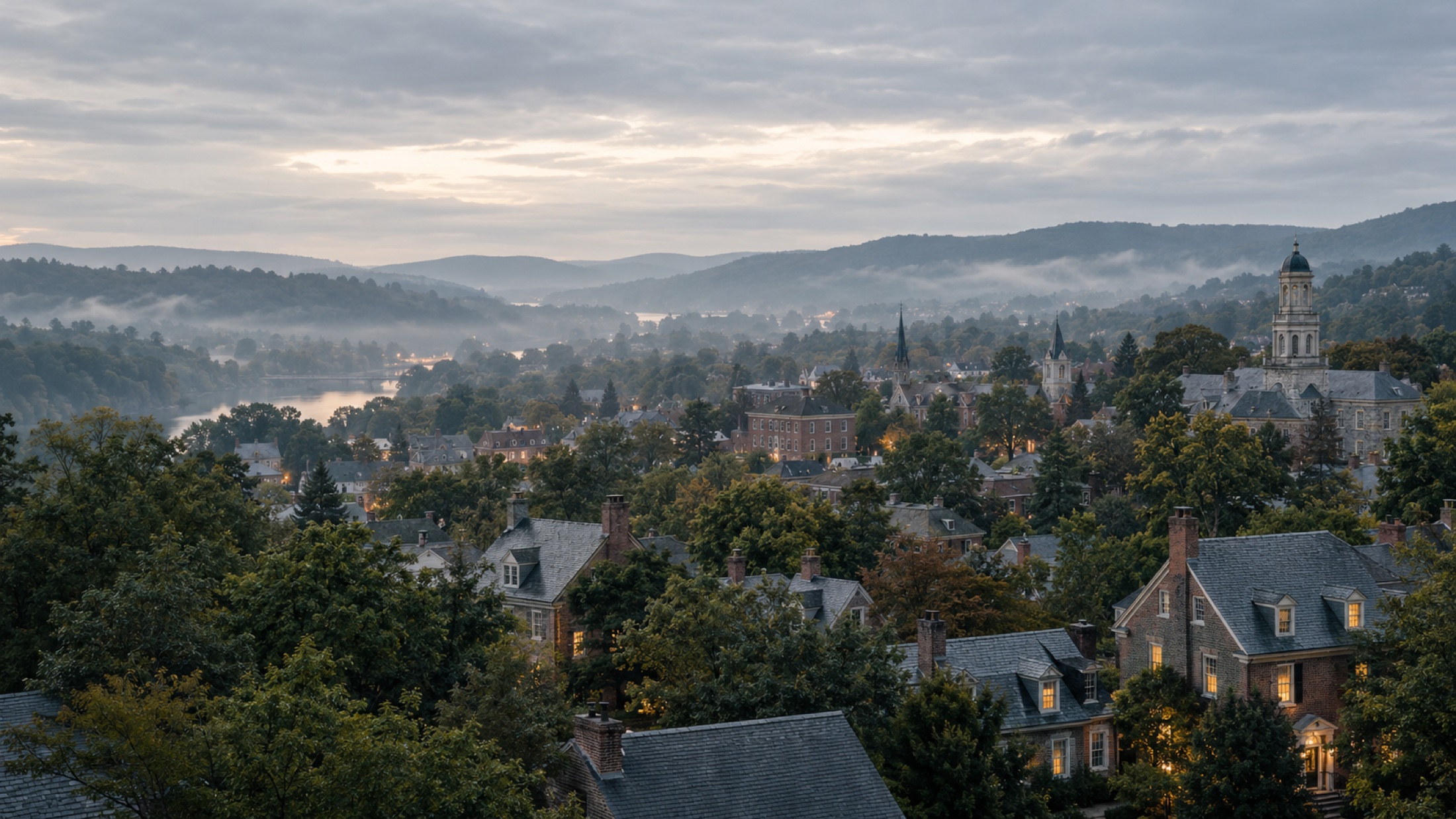 Leafy American neighborhoods and enduring stone architecture beneath a quiet evening sky